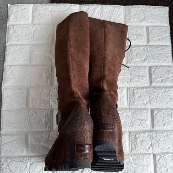Sorel Joan Of Artic Tall Lace Up Wedge Boots Hawk Brown Suede Leather Size 8.5 - Picture 3 of 8